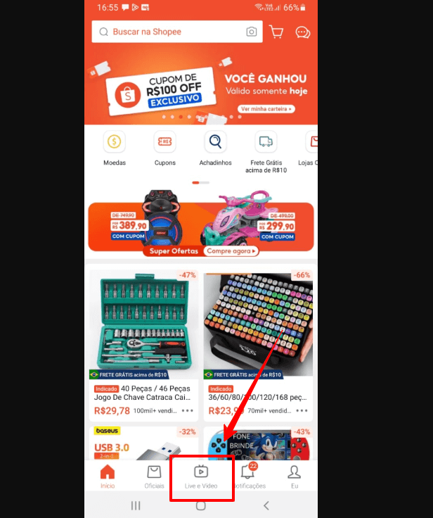 Entre na área “Shopee Vídeos”