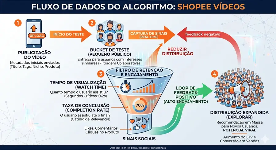 infográfico demonstrando o fluxo de dados do algoritmo da Shopee Vídeos