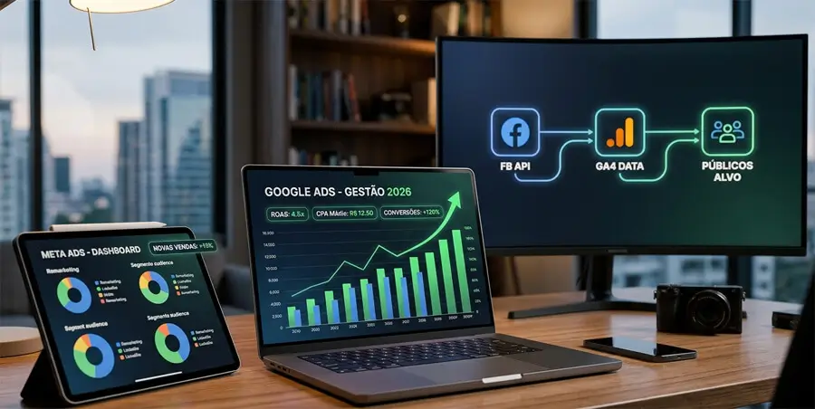 Dashboard de anúncios online mostrando ROAS alto, ilustrando os melhores cursos de tráfego pago em 2026.