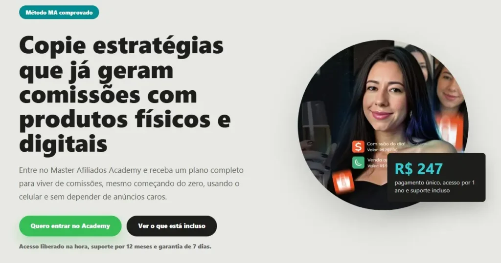 Captura para de vendas curso Master Afiliados Academy (Cintya Clemente)