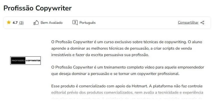 captura site oficial curso Profissão Copywriter (Jordão Felix)