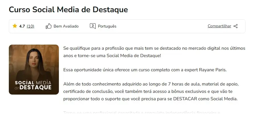 Pagina curso Social Media de Destaque
