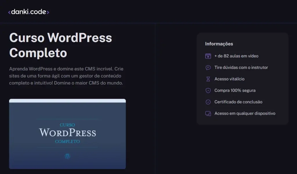 Captura Página de vendas do curso WordPress Completo (Danki Code)